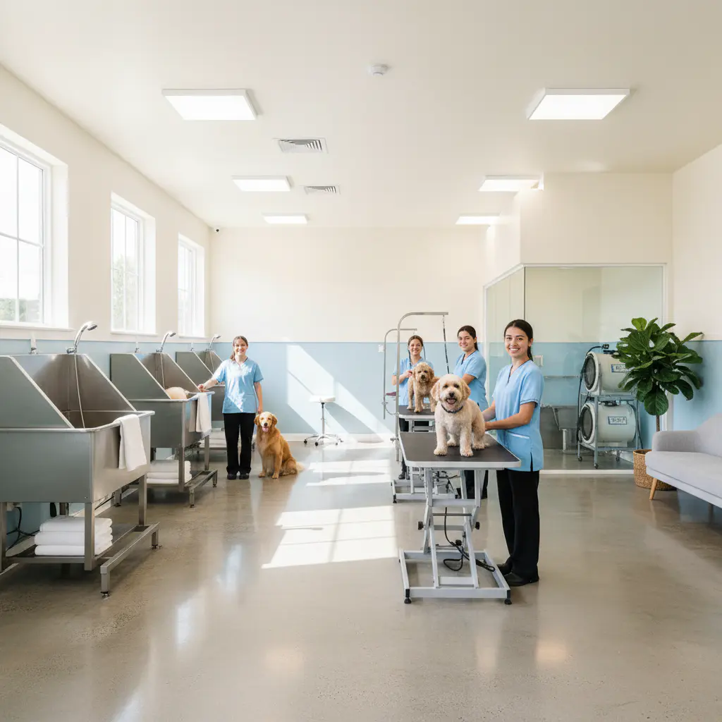 Clean and bright pet grooming salon interior