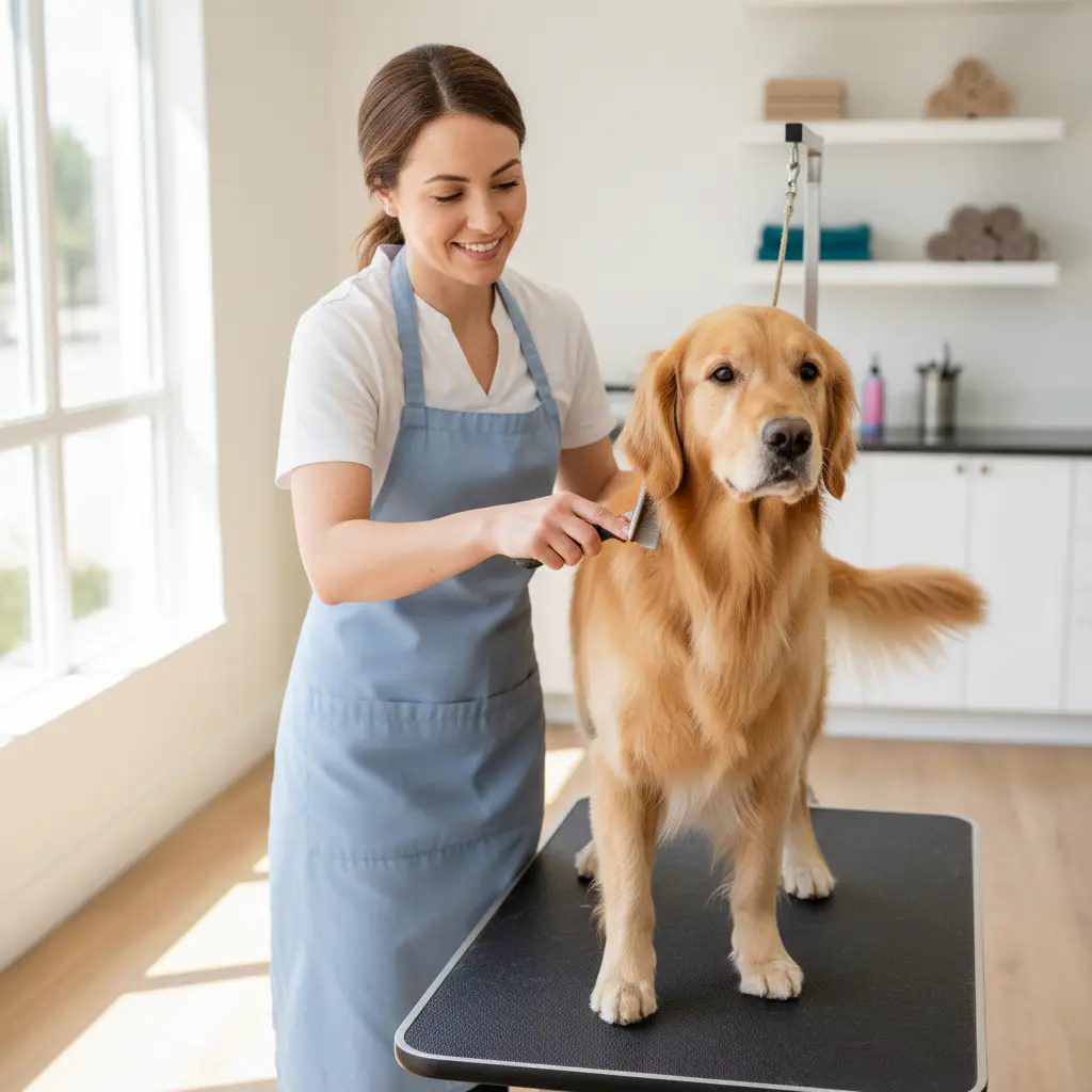 Master groomer gently brushing a dog