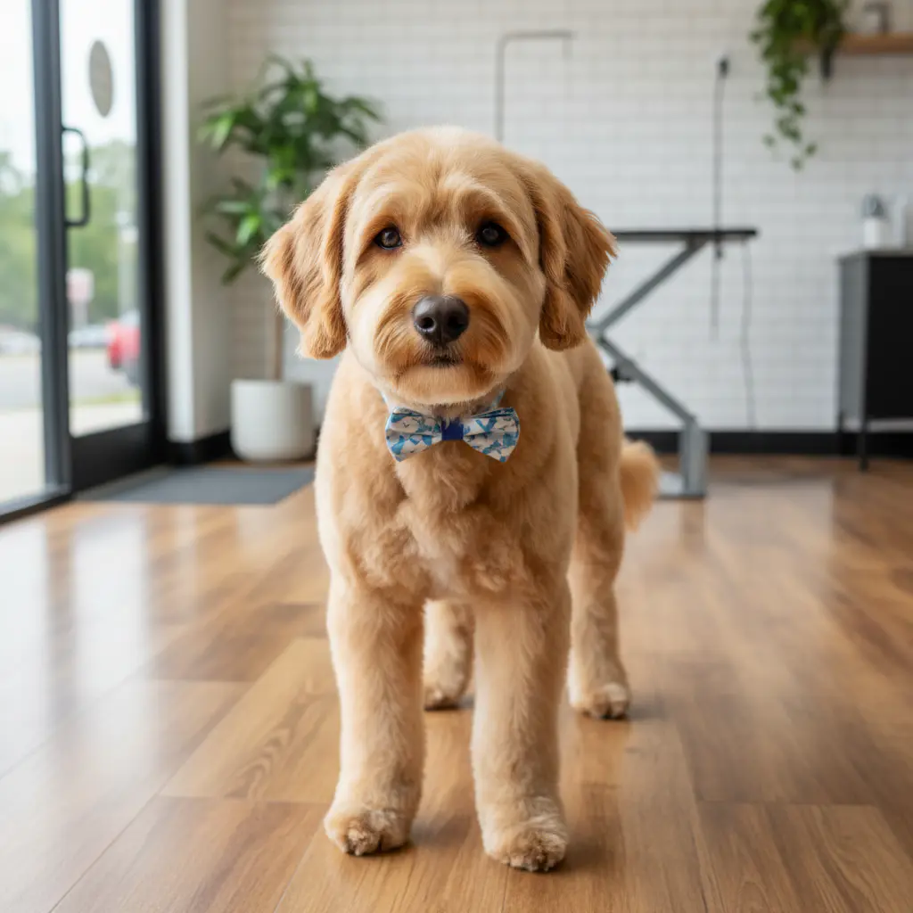 Neat and tidy labradoodle after grooming session