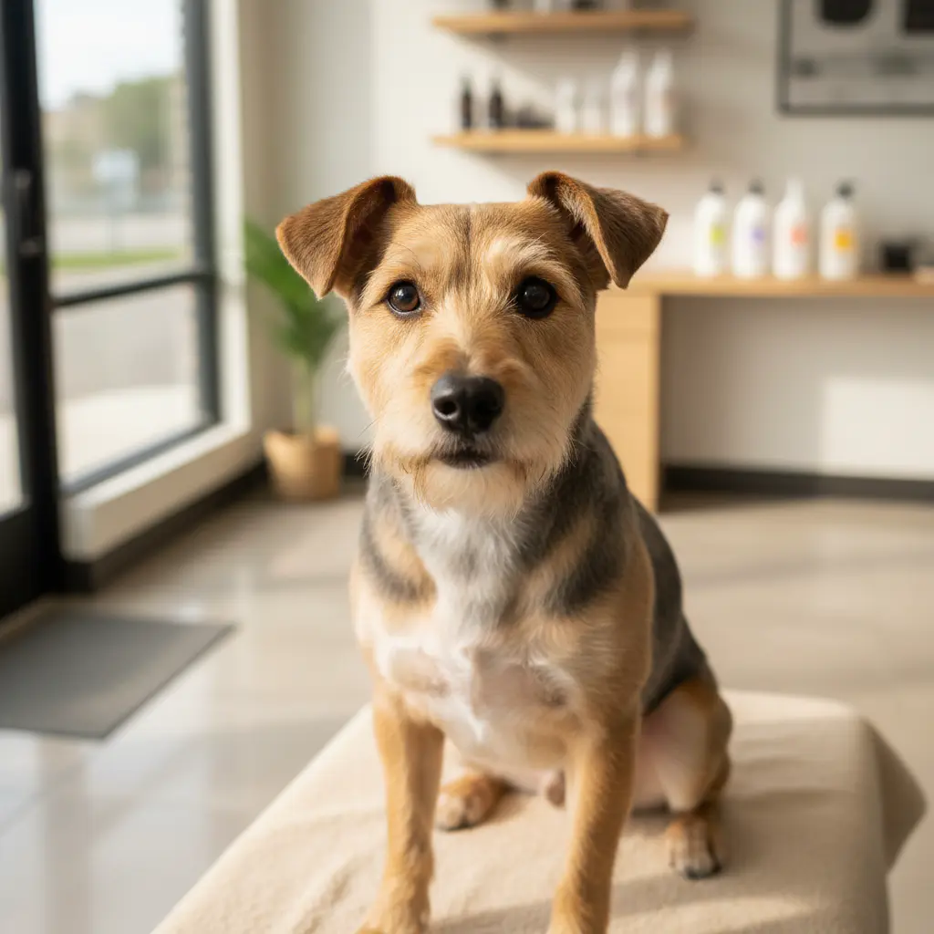 Sharp and clean terrier mix after grooming