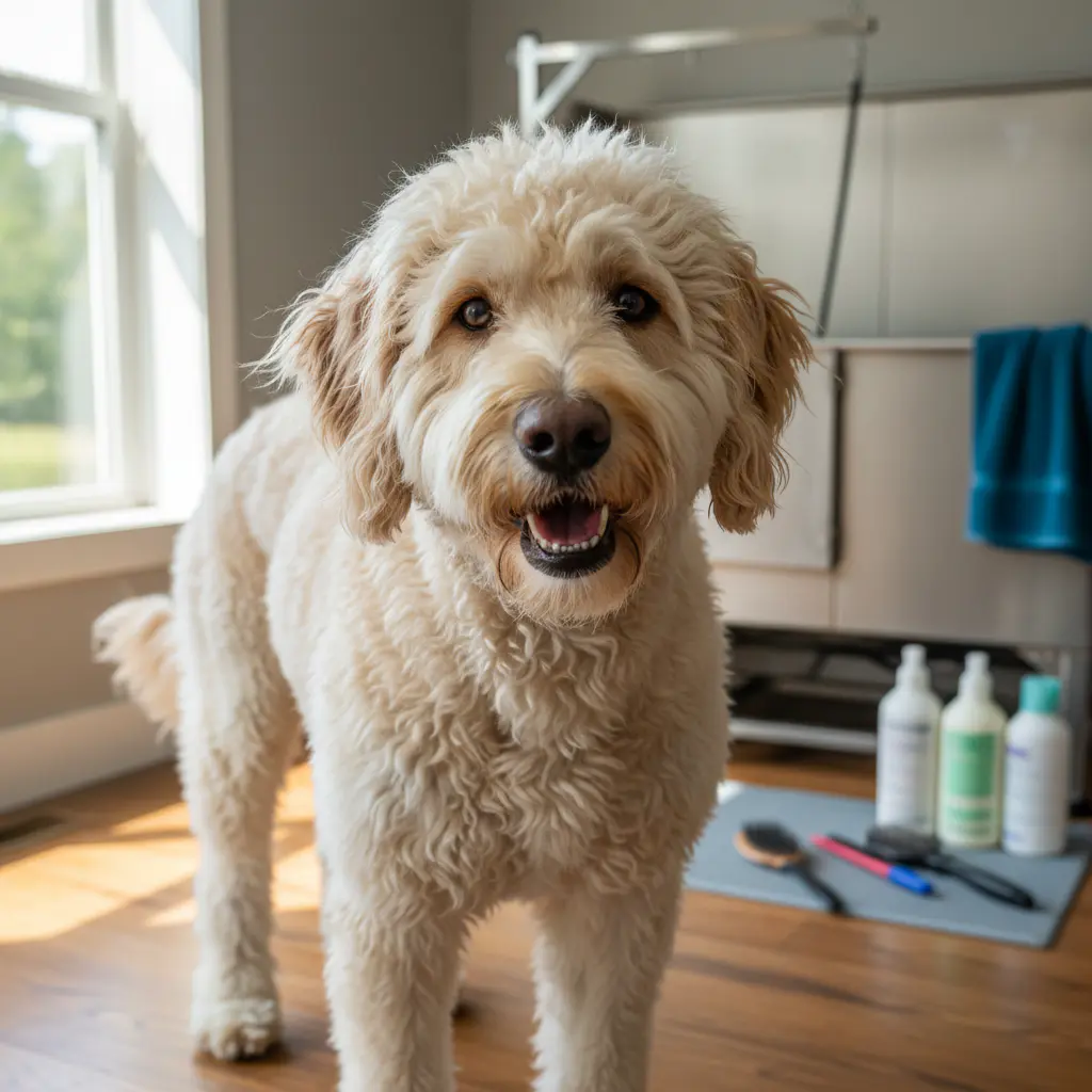 Shaggy labradoodle before grooming session