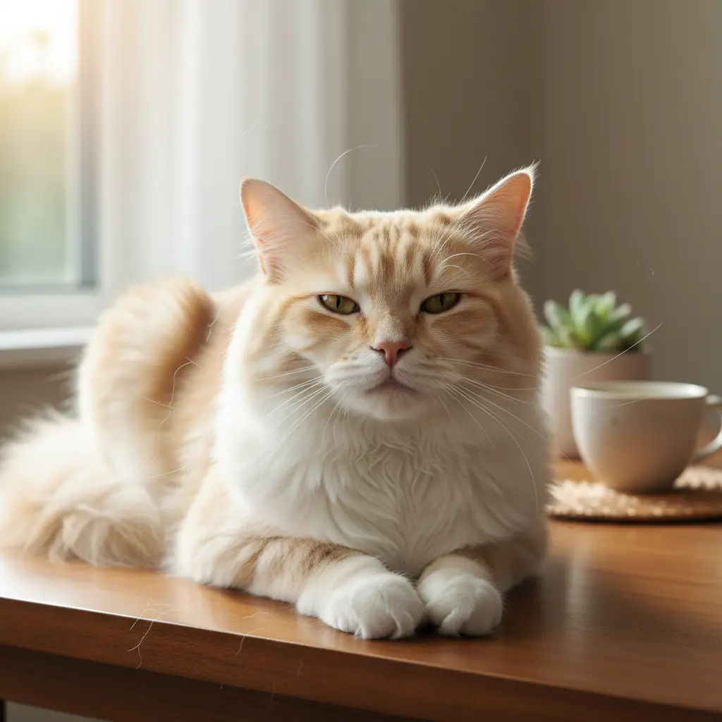 A freshly brushed fluffy cat relaxing on a table