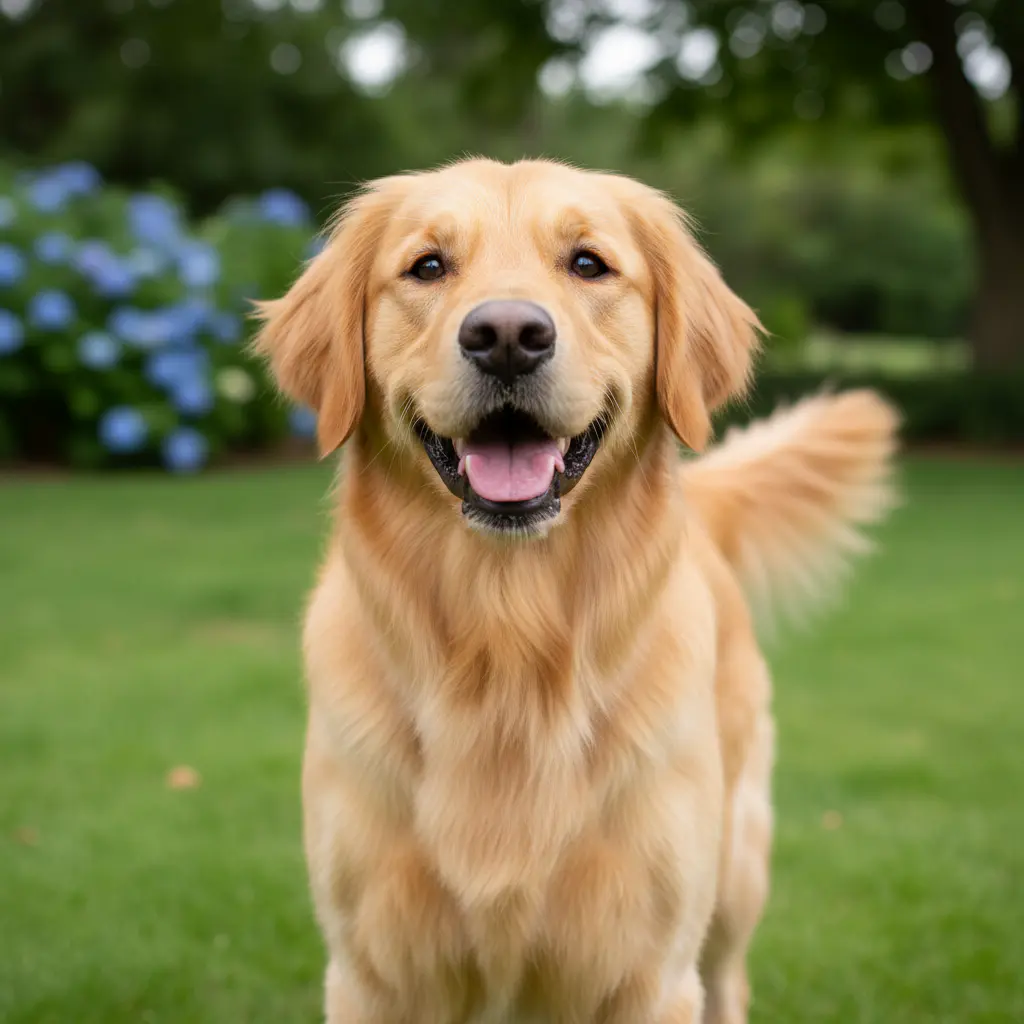 A smiling golden retriever showing off a fresh haircut