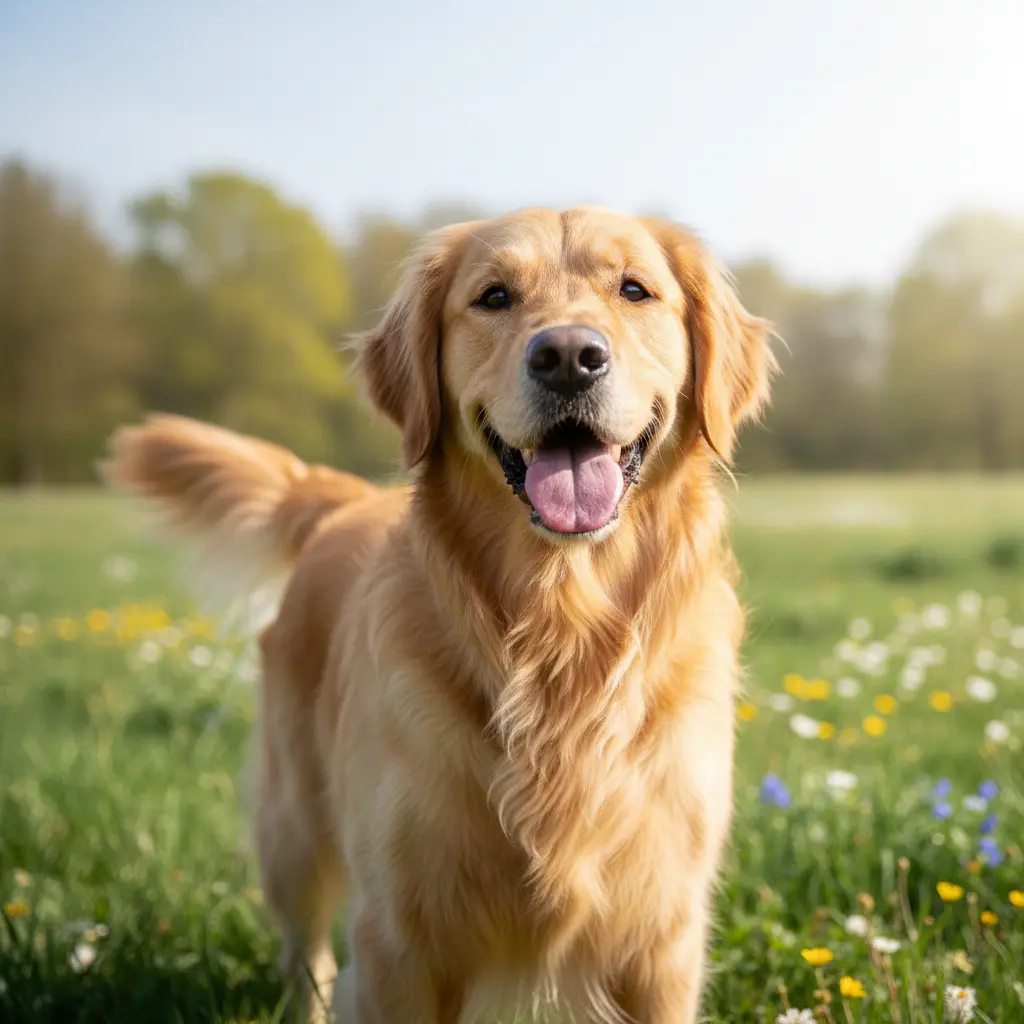 Clean golden retriever looking happy