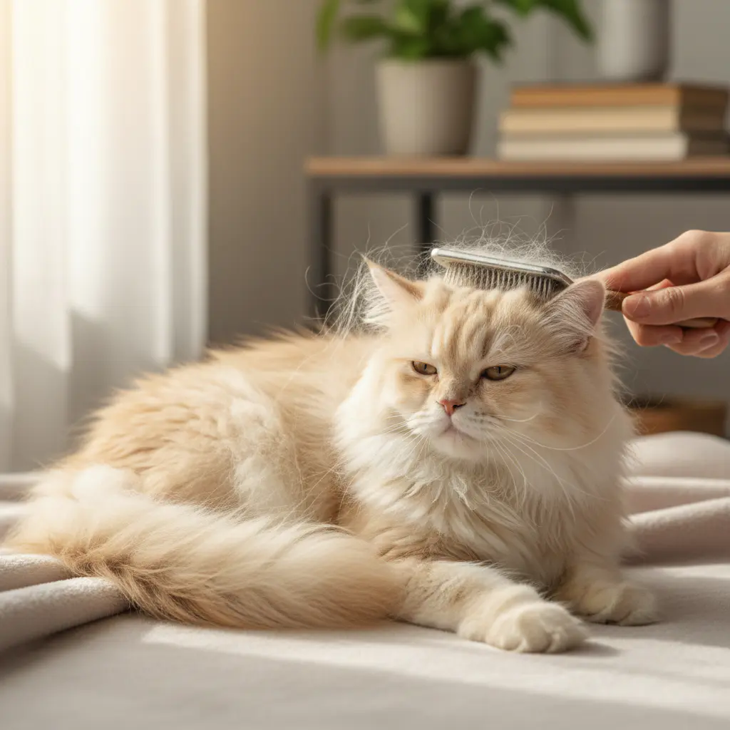 Fluffy cat enjoying a brushing session