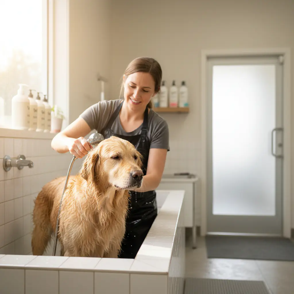 Groomer gently washing a dog in a spacious tub