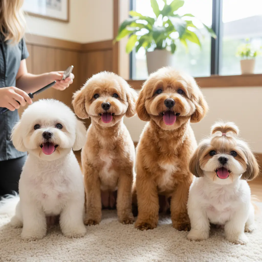 Happy styled dogs after a fresh grooming session