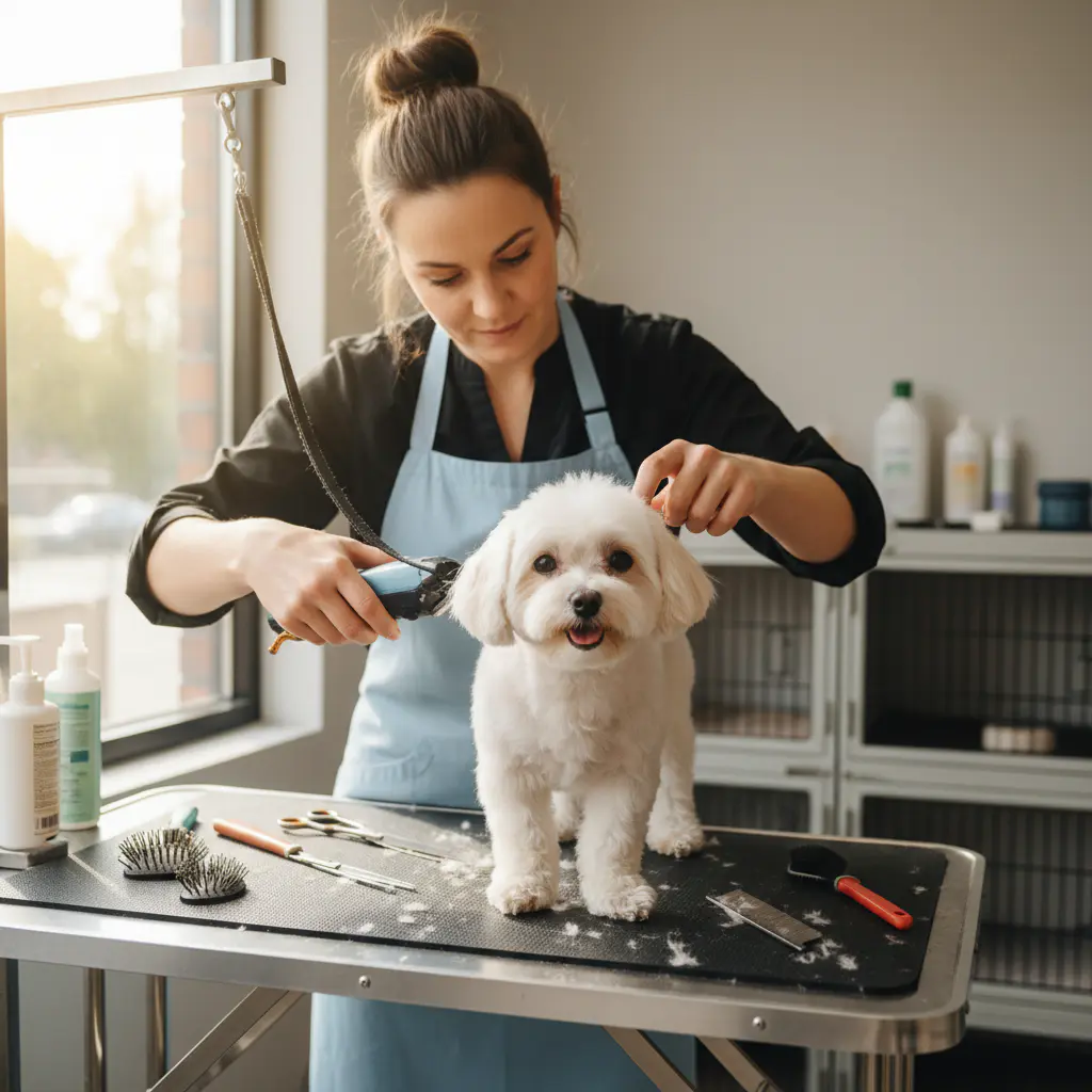 Our master groomer carefully trimming a small dog