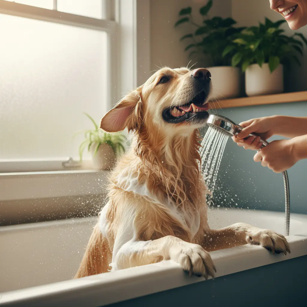 Happy dog during a bath