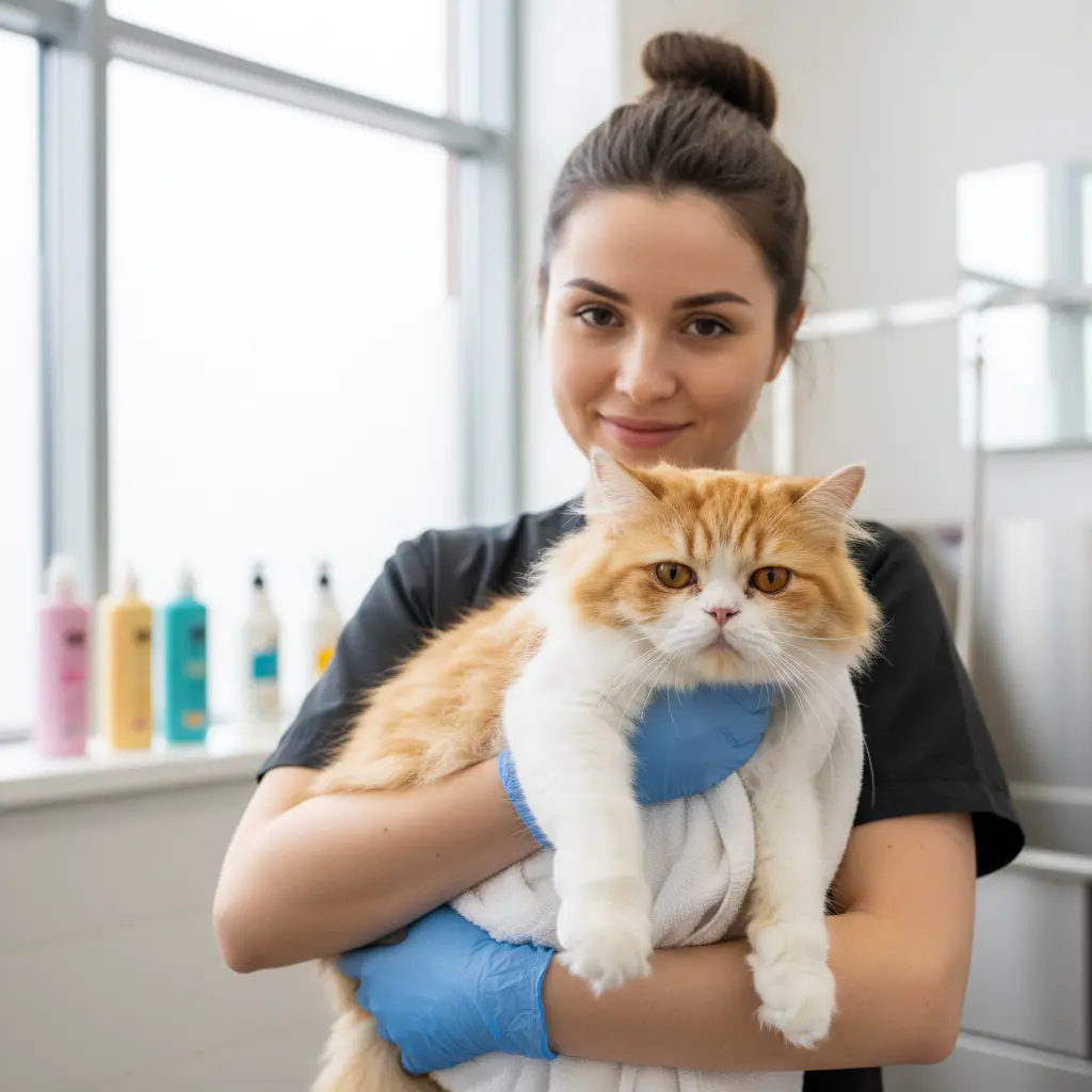 Groomer gently holding a cat